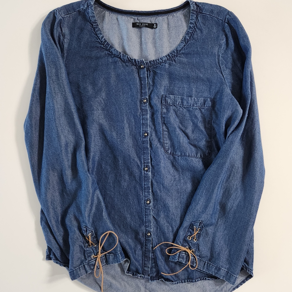 Max Jeans Tencel Denim Button Down Blouse With Suede Lace Up Sleeves Size M
